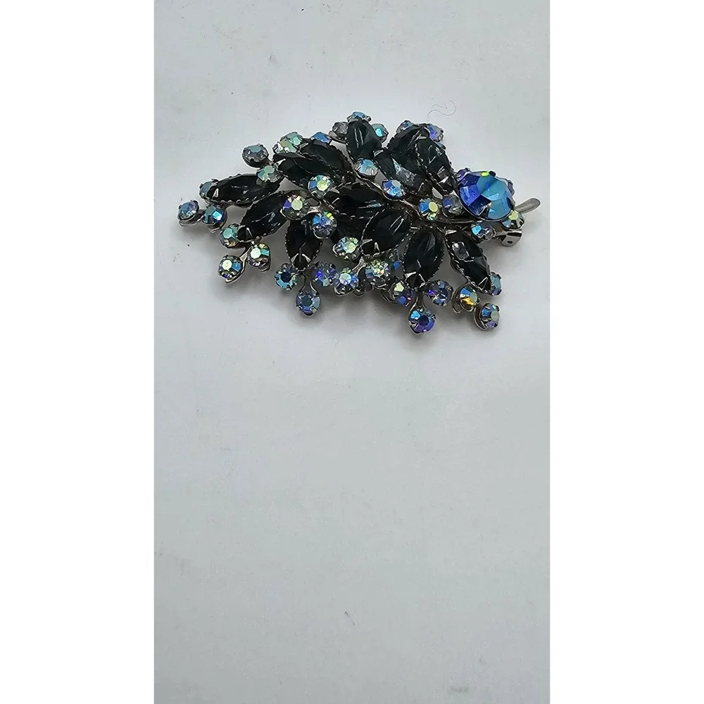 Silvertone Blue AB Rhinestone Triangle Layered Cluster Brooch Pin Unsigned 3